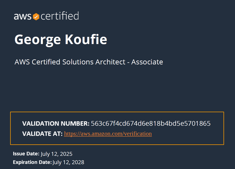 AWS Certified Solutions Architect – Associate certificate issued to George Koufie, July 12, 2025, expires July 12, 2028. Verify at aws.amazon.com/verification.