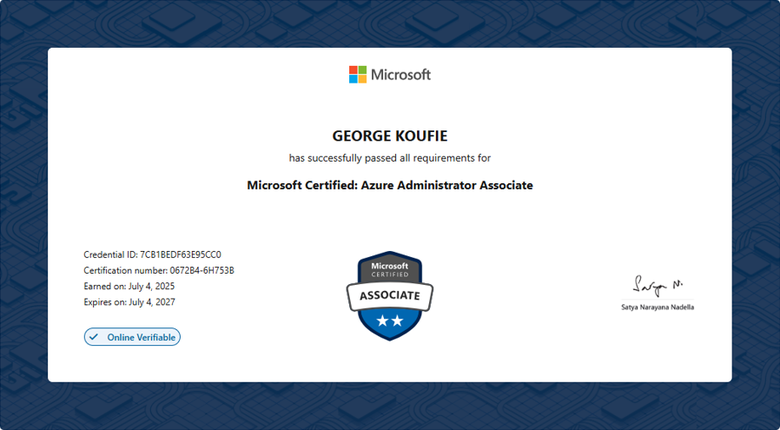 Microsoft Certified: Azure Administrator Associate certificate issued to George Koufie, earned July 4, 2025, expires July 4, 2027.